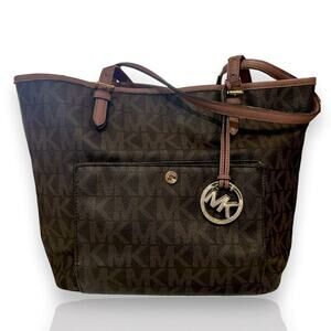 MICHAEL KORS Brown Monogram Jet Set Pocket Tote w/ Pink Leather Straps